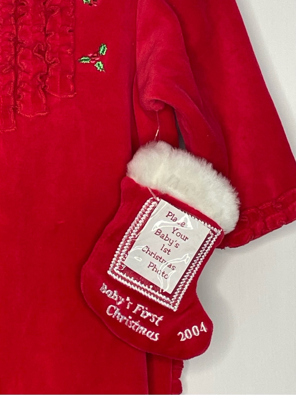 VTG Bright Future Red Velour Christmas Footie Romper 6-9M - Picture 6 of 16